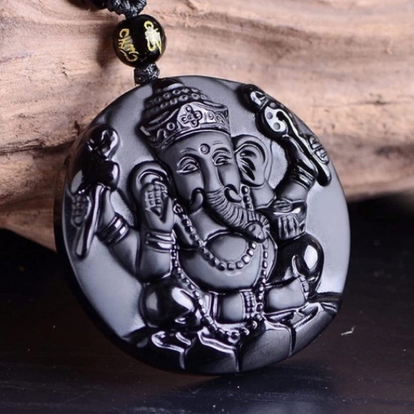 NWT Black Obsidian Ganesha Adjustable Necklace for Men or Women - Picture 3 of 9